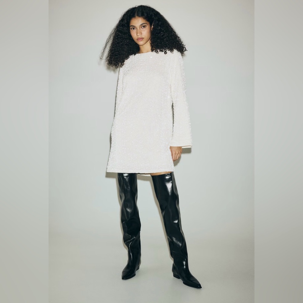 H&M Cream Textured Long Sleeve Mini Dress